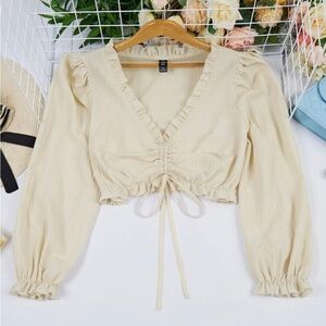 Frill Trim Drawstring Front Crop Blouse Apricot